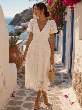 White Floral Lace Puff Sleeve Midi Dress V-Neck Vacation Wedding Dress Size S